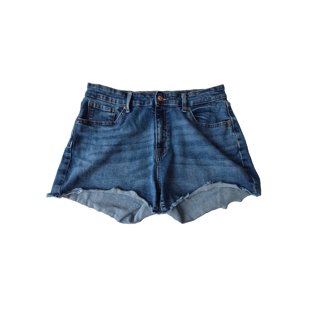 Signature Levi Strauss High Rise Denim Shorts Womens 14 W32 Blue Raw Hem Stretch - Picture 1 of 11